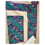 Floral Quilt Bedspread, Table Cloth, and Pillow - Teal Green, Purple & Cream