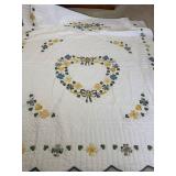 Floral Heart Quilt - White Field With Yellow/Blue Flowers, Blue Scalloped Binding
