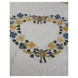 Floral Heart Quilt - White Field With Yellow/Blue Flowers, Blue Scalloped Binding