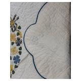 Floral Heart Quilt - White Field With Yellow/Blue Flowers, Blue Scalloped Binding