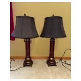 Pair of Vintage Burgundy-Column Table Lamps With Vine Motif, 32-Inch Tall, Black Shades