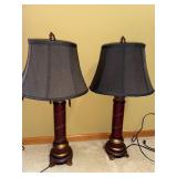 Pair of Vintage Burgundy-Column Table Lamps With Vine Motif, 32-Inch Tall, Black Shades