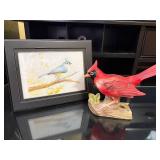 Bluebird Print in Black Frame & Red Cardinal Lamp - Bird Decor Set