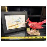 Bluebird Print in Black Frame & Red Cardinal Lamp - Bird Decor Set