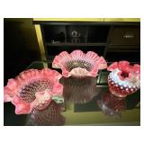 Fenton Pink Ruffled Glass Bowls with Hobnail Texture - Lot of 3