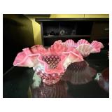 Fenton Pink Ruffled Glass Bowls with Hobnail Texture - Lot of 3