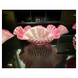 Fenton Pink Ruffled Glass Bowls with Hobnail Texture - Lot of 3