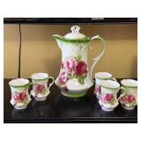 Rose Pattern Porcelain Tea Set - Pitcher with Lid & 4 Cups, Green Trim, Germany