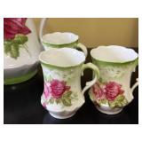 Rose Pattern Porcelain Tea Set - Pitcher with Lid & 4 Cups, Green Trim, Germany
