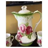 Rose Pattern Porcelain Tea Set - Pitcher with Lid & 4 Cups, Green Trim, Germany