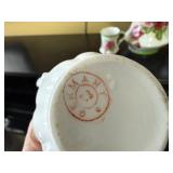 Rose Pattern Porcelain Tea Set - Pitcher with Lid & 4 Cups, Green Trim, Germany