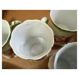 Rose Pattern Porcelain Tea Set - Pitcher with Lid & 4 Cups, Green Trim, Germany