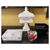 White Floral Milk-Glass Box, Cake Stand with Lid, Heart Paperweight & Black Dish