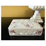 White Floral Milk-Glass Box, Cake Stand with Lid, Heart Paperweight & Black Dish