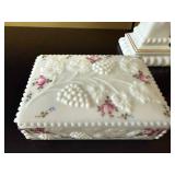 White Floral Milk-Glass Box, Cake Stand with Lid, Heart Paperweight & Black Dish