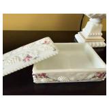 White Floral Milk-Glass Box, Cake Stand with Lid, Heart Paperweight & Black Dish
