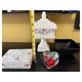 White Floral Milk-Glass Box, Cake Stand with Lid, Heart Paperweight & Black Dish