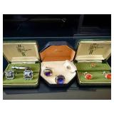 Vintage Newporter Cufflinks & Purple Gem Rings Set in Green Velvet Boxes