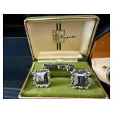 Vintage Newporter Cufflinks & Purple Gem Rings Set in Green Velvet Boxes