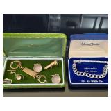 Vintage Young Quinlan Cufflinks & Adjustable Tie Chain Set in Velvet Boxes