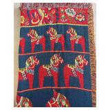 Dala Horse Motif Throw Blanket - Red/Blue Fringed Tapestry