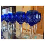 Cobalt Blue Crystal Wine Goblets - Set of 8 - Cut-Glass Starburst Pattern