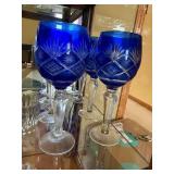 Cobalt Blue Crystal Wine Goblets - Set of 8 - Cut-Glass Starburst Pattern