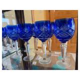 Cobalt Blue Crystal Wine Goblets - Set of 8 - Cut-Glass Starburst Pattern