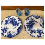 Blue & White Floral Porcelain Plates with Gold Trim - Pair + Glass Swan Figurines