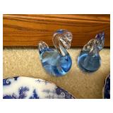 Blue & White Floral Porcelain Plates with Gold Trim - Pair + Glass Swan Figurines