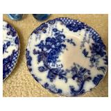 Blue & White Floral Porcelain Plates with Gold Trim - Pair + Glass Swan Figurines