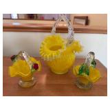 Yellow Carnival Glass 3-Piece Centerpiece Set - Vase & 2 Leaf-Handled Dishes