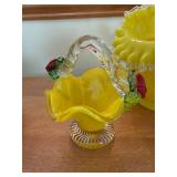 Yellow Carnival Glass 3-Piece Centerpiece Set - Vase & 2 Leaf-Handled Dishes