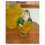 Yellow Carnival Glass 3-Piece Centerpiece Set - Vase & 2 Leaf-Handled Dishes
