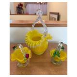 Yellow Carnival Glass 3-Piece Centerpiece Set - Vase & 2 Leaf-Handled Dishes