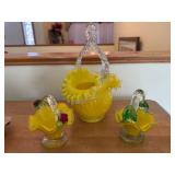 Yellow Carnival Glass 3-Piece Centerpiece Set - Vase & 2 Leaf-Handled Dishes