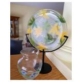 Sweden Hand-Painted Glass Vase with Blue Flowers & Palm-Leaf Plate on Stand