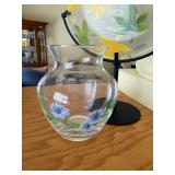 Sweden Hand-Painted Glass Vase with Blue Flowers & Palm-Leaf Plate on Stand