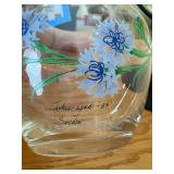 Sweden Hand-Painted Glass Vase with Blue Flowers & Palm-Leaf Plate on Stand