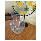 Sweden Hand-Painted Glass Vase with Blue Flowers & Palm-Leaf Plate on Stand