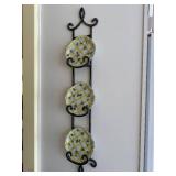 Three-Plate Ceramic Wall Plate Rack - Yellow Lattice Floral Plates on Iron Frame