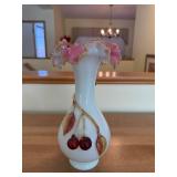 Cherry Motif Porcelain Vase with Pink Ruffled Rim & Gold Trim - 9.5-10 in, Decorative