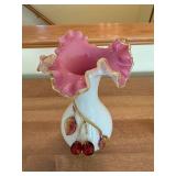 Cherry Motif Porcelain Vase with Pink Ruffled Rim & Gold Trim - 9.5-10 in, Decorative