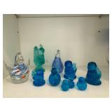 Blue Glass Figurines Set - Hand-Blown Art Glass (Lot of 9)