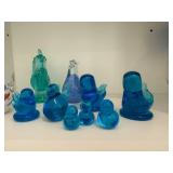 Blue Glass Figurines Set - Hand-Blown Art Glass (Lot of 9)