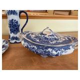 Blue & White Transferware Porcelain Tureen with Lid, Plate & Tall Vase - Floral Pattern