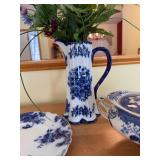 Blue & White Transferware Porcelain Tureen with Lid, Plate & Tall Vase - Floral Pattern