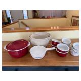 Red Enamel Dutch Oven With Lid + White Nesting Bowls & Ramekins - Kitchenware Set