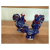 Blue Ceramic Rooster Pair Centerpiece - Open Center Decorative Tabletop Sculpture