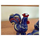 Blue Ceramic Rooster Pair Centerpiece - Open Center Decorative Tabletop Sculpture